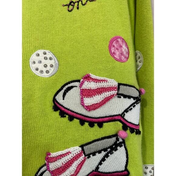 Berek Golf Sweater Cardigan Green Pink Beaded Embroidered Women’s L - Picture 6 of 11